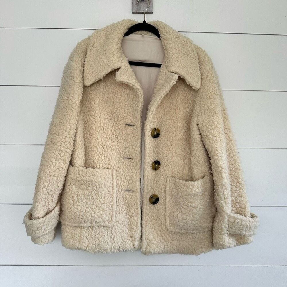 Free People Women’s Small Faux Fur Teddy Pea Coat Sherpa